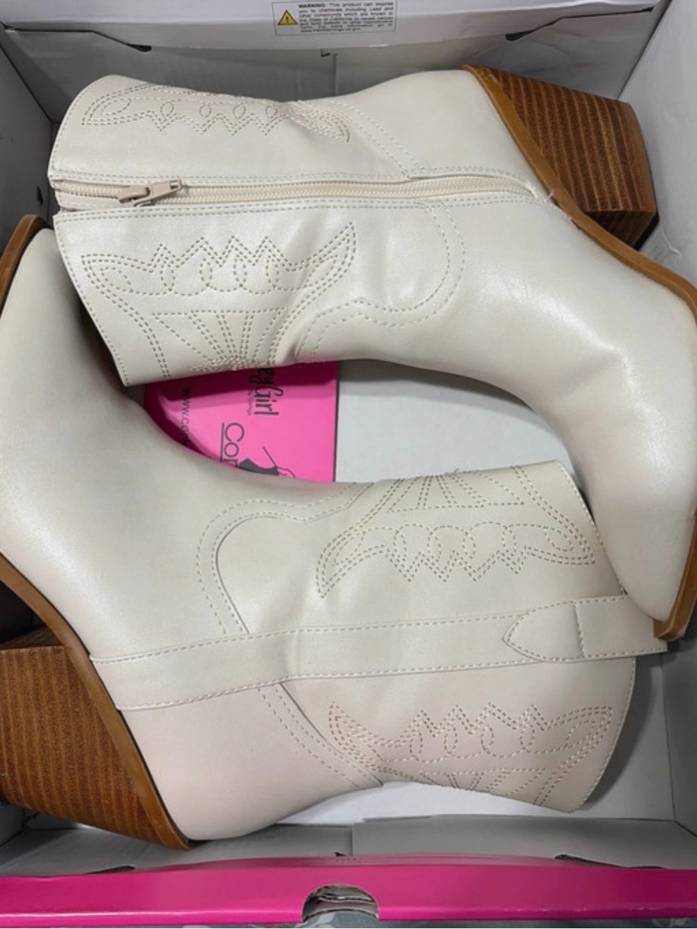 Cream Western-Style Ankle Booties with Stacked Heel